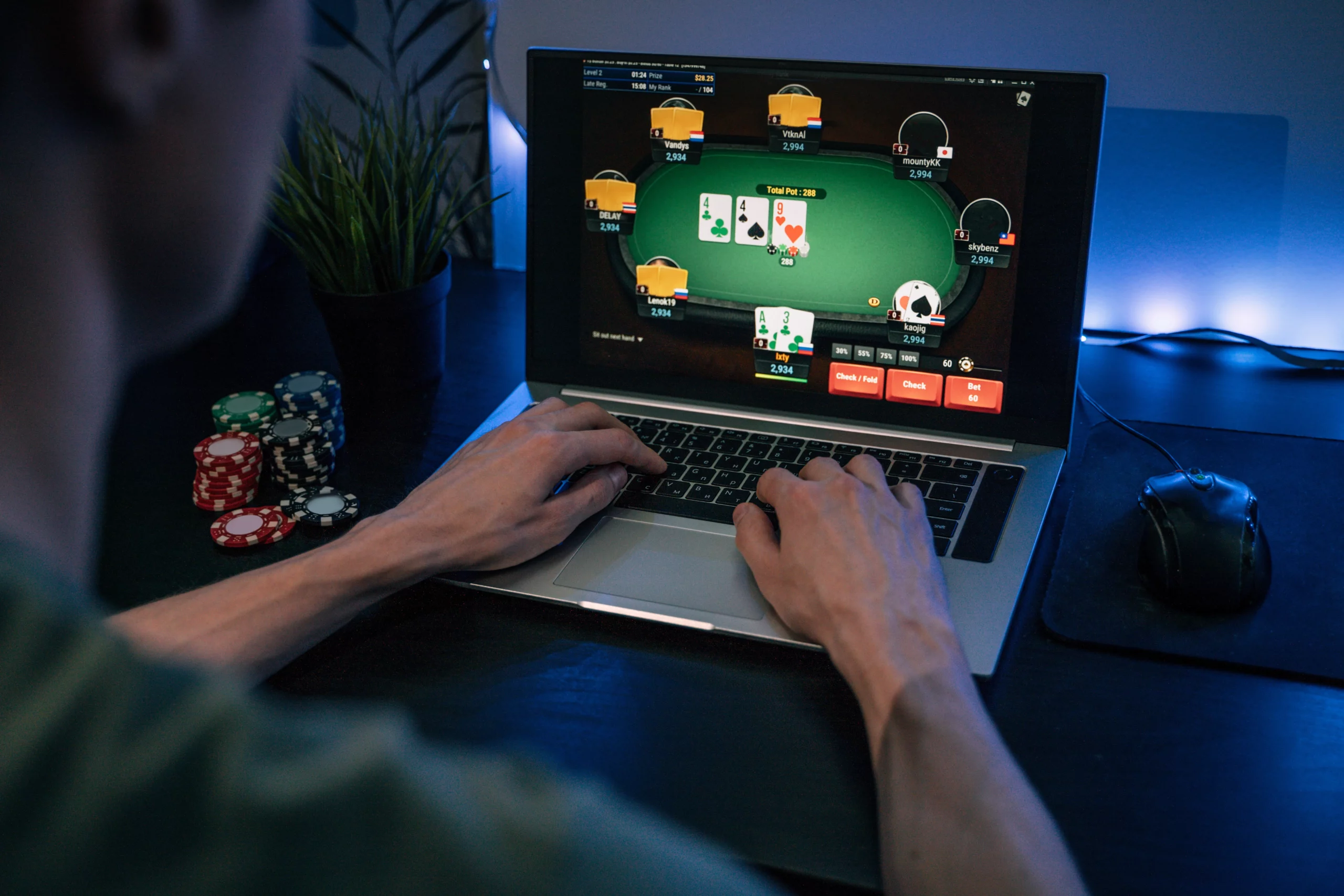 Homem no computador apostando em jogo de cartas