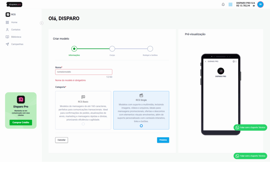 Como enviar mensagem RCS com a Disparo Pro - Criando modelo de mensagem RCS