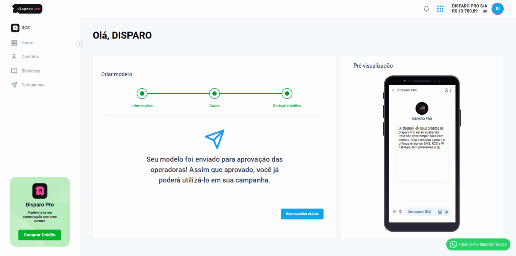 Como enviar mensagem RCS com a Disparo Pro - Criando modelo de mensagem RCS - botão em aprovação