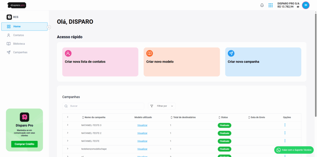 Como enviar mensagem RCS com a Disparo Pro - Dashboard RCS