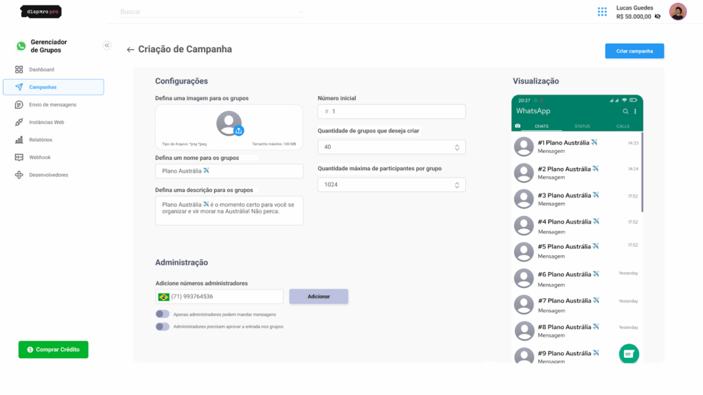 Gestão de Grupos - criar nova campanha